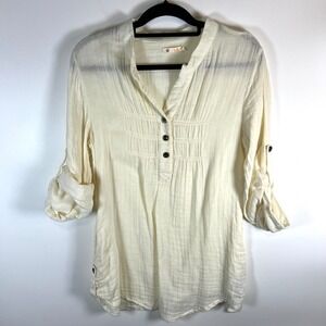Tulle Cream Gauze Roll Tab Sleeve Tunic Top Shirt Women's XL boho breathable